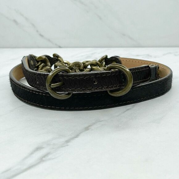 J. Crew Brown Leather Fur Chain Belt - Size Medium M | Gold Hardware - Picture 1 of 11